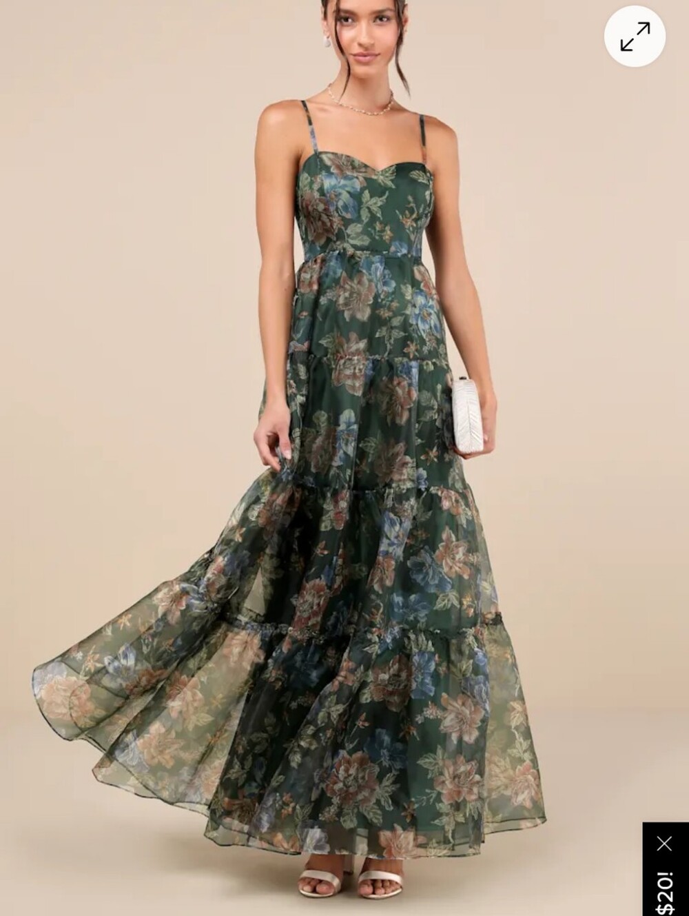 Lulus Exclusive Glamour Green Floral Organza Tiered Maxi Dress